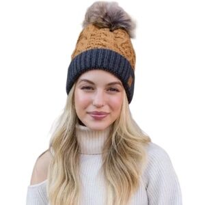 Panache Carmel Cable Knit Hat With Dark Grey Natural Fur Pom Accent (12)